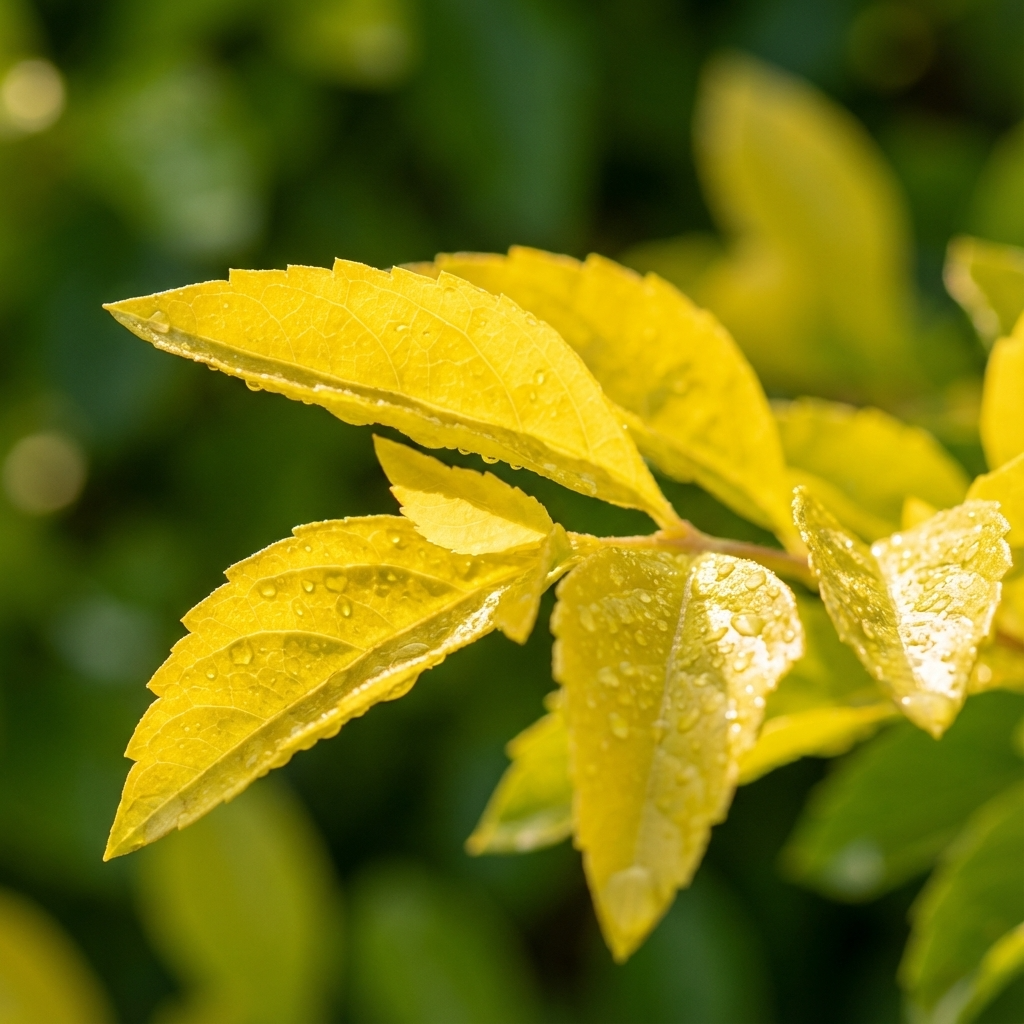 Sheena’s Gold Duranta (Duranta erecta 'Sheena’s Gold') features yellow-green leaves with water droplets, set against a blurred green background—an attractive, fast-growing golden foliage plant ideal for hedges.