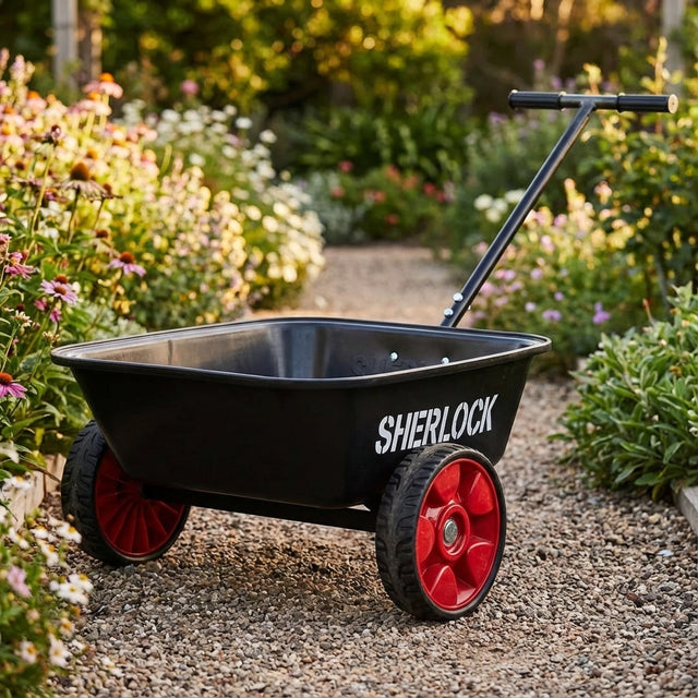 The Sherlock Black Flat-Free Poly Cart - 60 Litres features a durable poly tray and flat-free wheels, seen on a gravel path among blooming flowers.