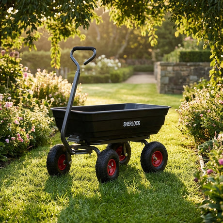 A Sherlock Black Poly Cart - 67 Litres, featuring a sturdy poly tray and red wheels, rests on a grassy path bordered by blooming flowers.