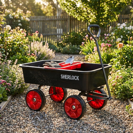 The Sherlock Flat Free Poly Tray Cart With Tool Caddy (85L) is shown on a gravel path in a garden, featuring red wheels and holding gardening tools.
