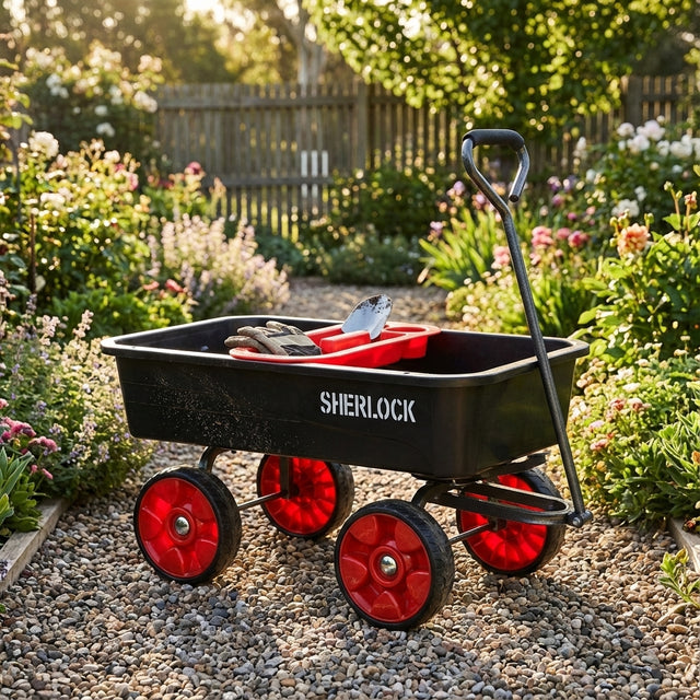 The Sherlock Flat Free Poly Tray Cart With Tool Caddy (85L) is shown on a gravel path in a garden, featuring red wheels and holding gardening tools.