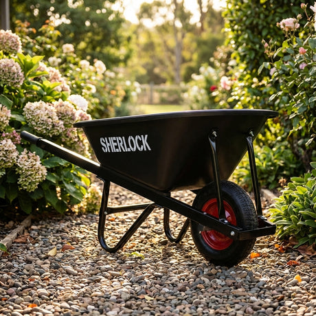 A Sherlock Home Use Poly Tray Wheelbarrow - 100 Litres in black stands on a gravel path, surrounded by blooming garden bushes.
