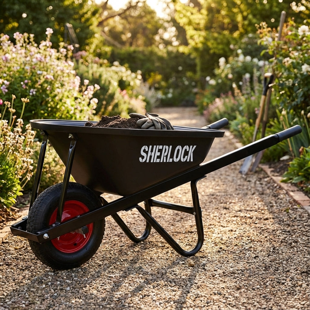 A Sherlock Home Use Poly Tray Wheelbarrow - 80L in black, filled with soil, stands on a gravel path in a garden.