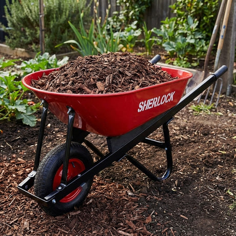 A Sherlock Home Use Steel Tray Wheelbarrow - 100 Litres, filled with mulch, sits in a garden beside green plants and gardening tools.