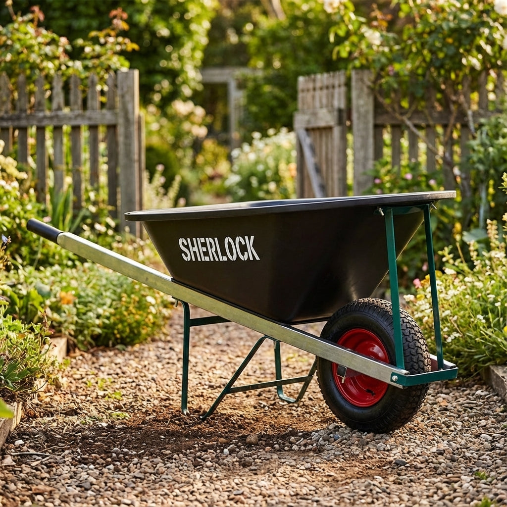 The Sherlock Poly Wide Wheel Tray Wheelbarrow - 100L, in black, rests on a gravel garden path among greenery, and features a wide pneumatic wheel for easy maneuvering.
