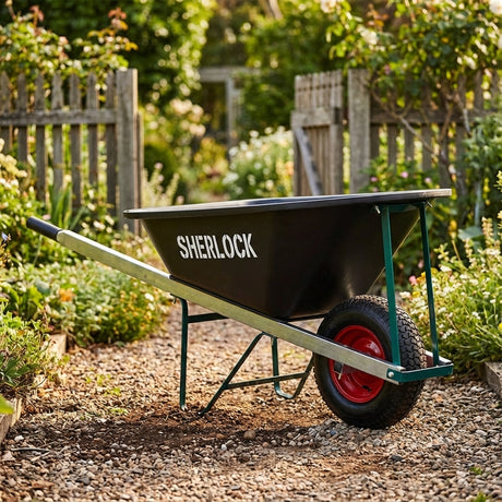 The Sherlock Poly Wide Wheel Tray Wheelbarrow - 100L, in black, rests on a gravel garden path among greenery, and features a wide pneumatic wheel for easy maneuvering.