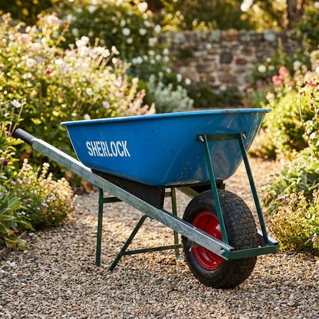 The Sherlock Steel Tray Wide Wheel Wheelbarrow - 100 Litres is shown on a garden gravel path, surrounded by flowers and greenery.