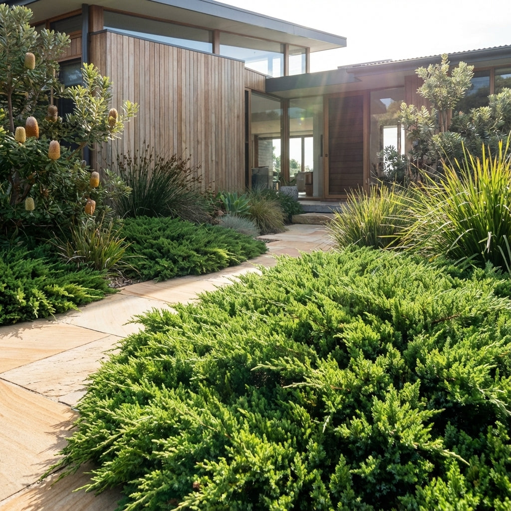 Modern house with wood paneling and large windows features lush evergreen ground cover, including Shore Juniper (Juniperus conferta) for erosion control, lining the stone walkway.