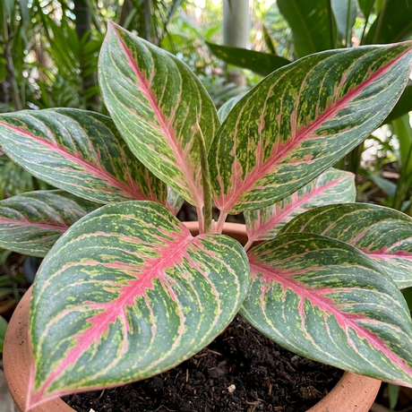 The Siam Aurora - Aglaonema features green leaves with pink veins and variegation, making it an ideal indoor foliage plant for low light spaces or garden settings.