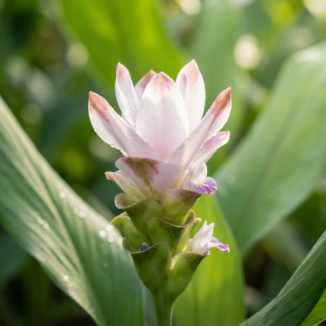 Close-up of the Siam Sunrise Ornamental Ginger (Curcuma alismatifolia 'Siam Sunrise'), its pale pink petals and green leaves glistening with dew, showcasing the delicate tropical beauty of this striking flower plant.