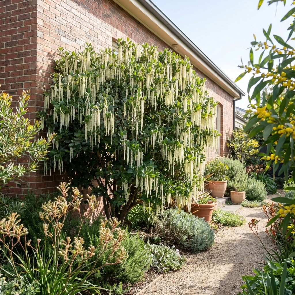 Silk Tassel Bush - Garrya elliptica, an evergreen shrub with long white flowers, blooms beside a brick house amidst green garden plants and pots.