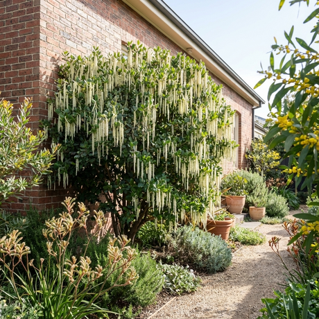 The Silk Tassel Bush (Garrya elliptica), a lush evergreen shrub with long white hanging flowers, grows beside a brick house and is surrounded by green plants.