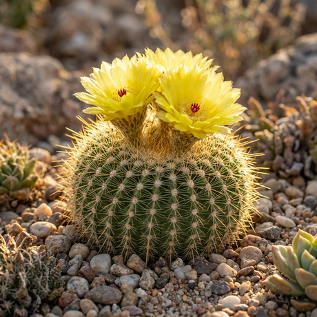 The Silver Ball Cactus - Parodia scopa displays yellow top flowers and is surrounded by pebbles and small plants—an attractive, low-maintenance cactus ideal for sunlit spaces.