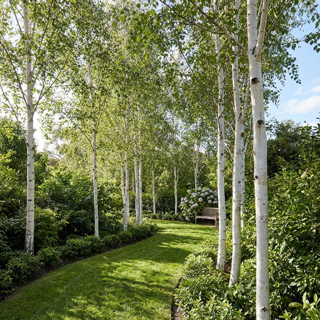 A curved grassy path lined with Silver Birch (Betula pendula) trees and lush greenery leads to a wooden bench.