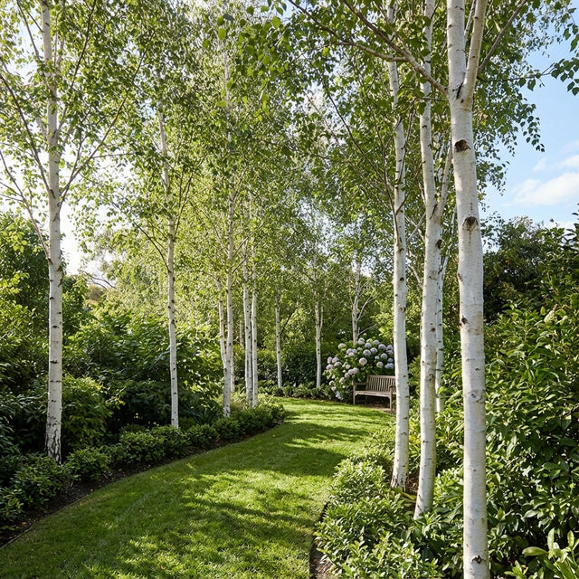 A curved grassy path lined with Silver Birch (Betula pendula) trees and lush greenery leads to a wooden bench.