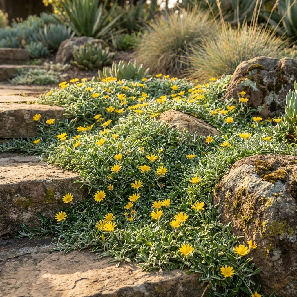 Silver Carpet - Dymondia margaretae, a drought-tolerant groundcover, grows with yellow flowers and green foliage among large rocks and stone steps in sunny gardens—an attractive lawn alternative.