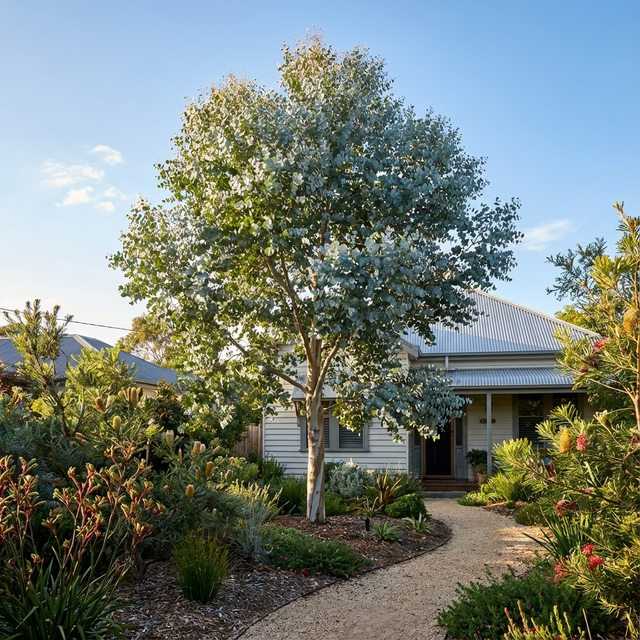 A tall Silver Dollar Gum (Eucalyptus cinerea) and native plants border a garden path that leads to a white house with a tin roof.