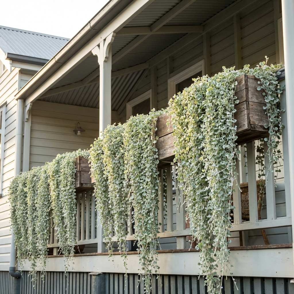 Wooden planters filled with Silver Falls Dichondra (Dichondra argentea) elegantly trail silvery-green vines over a porch railing, adding graceful greenery to the exterior of a light-colored house.