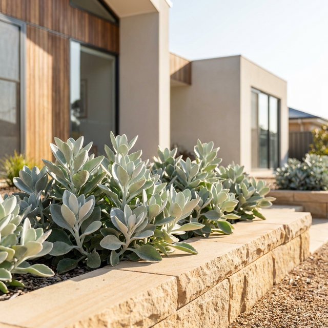 Modern house with large windows and a garden bed of drought-tolerant succulents, featuring Silver Spoons Kalanchoe - Kalanchoe ‘Silver Spoons’ with striking silvery foliage, all bordered by stone.