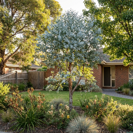 A small front yard garden displays the Silver Leaf Stringybark (Eucalyptus cephalocarpa) as a feature tree, surrounded by green lawn with a brick house backdrop.