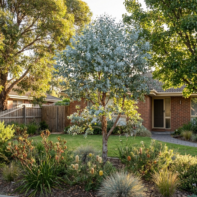 A small front yard garden displays the Silver Leaf Stringybark (Eucalyptus cephalocarpa) as a feature tree, surrounded by green lawn with a brick house backdrop.