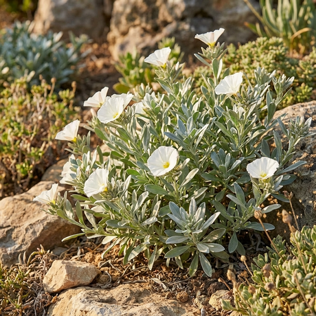 Silverbush (Convolvulus cneorum) is a bushy, drought-tolerant plant with silvery foliage and white trumpet-shaped flowers, thriving among rocks in sunlight.
