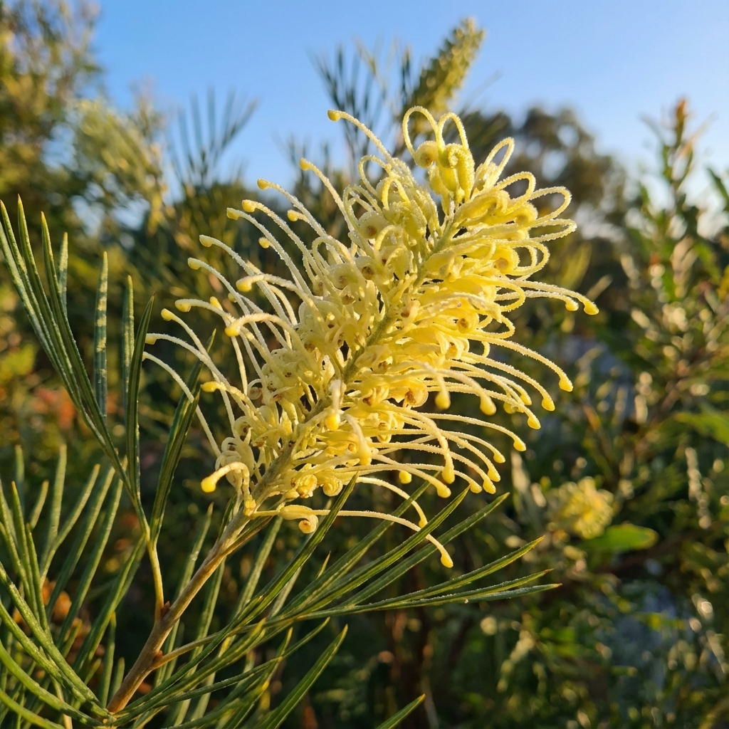 Close-up of a yellow Silvereye Cream Grevillea (Grevillea 'Misty Pink' x 'Honey Gem' 'Silvereye Cream') flower with needle-like leaves, sunlight highlighting its bird-attracting beauty in the garden.