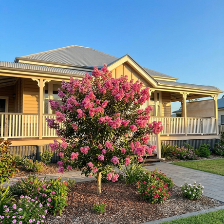 A Sioux Crepe Myrtle - Lagerstroemia indica ‘Sioux’ with coral-pink blooms stands in front of a yellow house featuring a wide porch and garden.