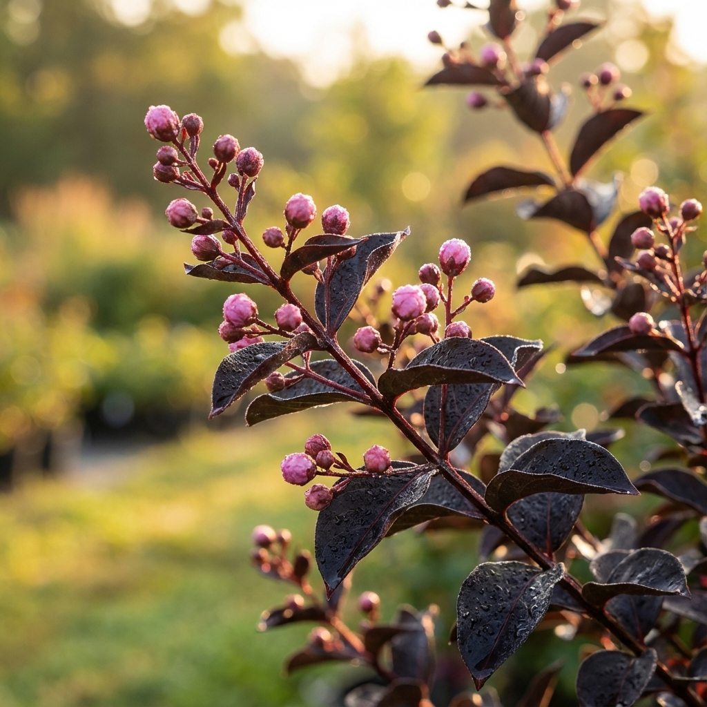 The Slender Black Crepe Myrtle (Lagerstroemia indica 'Slender Black') stands out in the sunlit garden with its dark foliage and clusters of small pink buds, making it a striking feature tree.