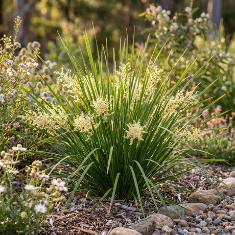 Slender Mat Rush (Lomandra hystrix) is a drought-tolerant plant with green, spiky leaves and small white flowers, perfect for mulched gardens with stones and other plants—great for erosion control.