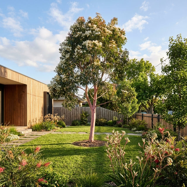The Smooth Barked Apple – Angophora costata, a native Australian tree, blooms in a landscaped backyard surrounded by green grass, flowers, and a wooden fence.