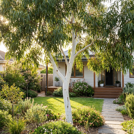 A sunlit garden features a Smooth-Barked Coolibah (Eucalyptus victrix) with a white trunk and a pathway that leads to a cozy house with a welcoming porch.