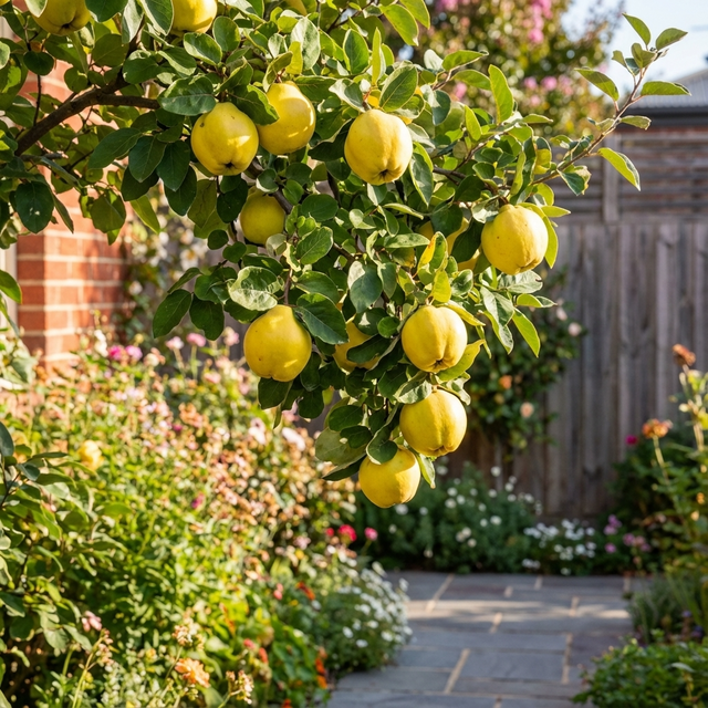 A Smyrna Quince - Cydonia oblonga ‘Smyrna’ tree with yellow fruit hangs over a garden path, surrounded by flowers and lush greenery.
