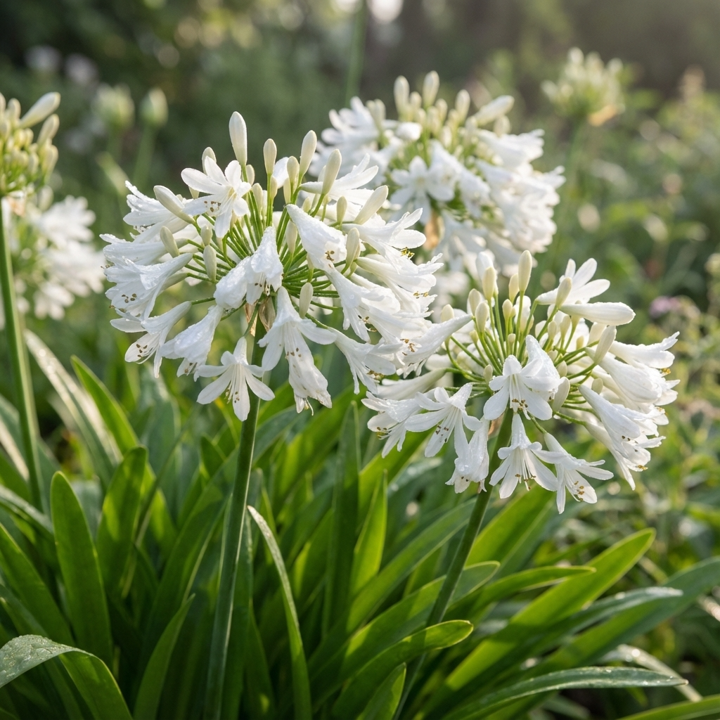 Snowball Agapanthus – Agapanthus 'Snowball' features striking white blooms set against green foliage, creating a beautiful display in any garden.