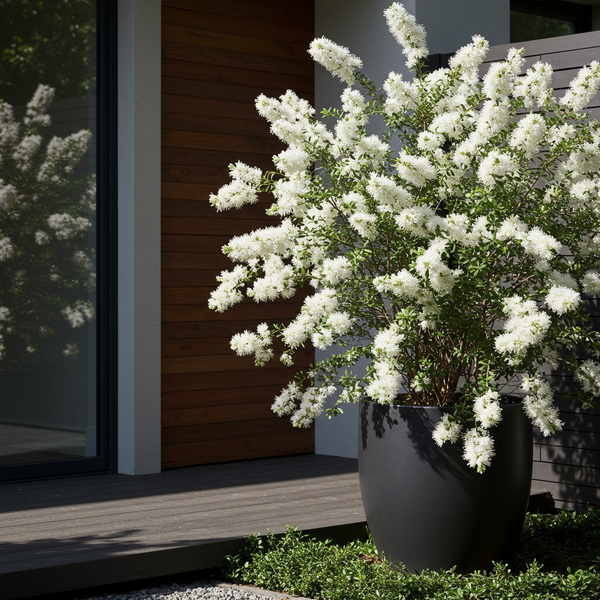 A Snowstorm Melaleuca - Melaleuca linariifolia 'Snowstorm', prized for its white blooms and hedging use, sits potted on a modern wooden deck near a house, its clusters of flowers brightening the space.