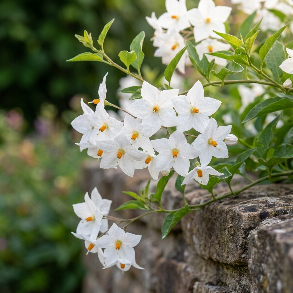 The Potato Vine (Solanum jasminoides) is an evergreen climber with clusters of white, star-shaped flowers and yellow centers, often seen cascading elegantly over garden stone walls.
