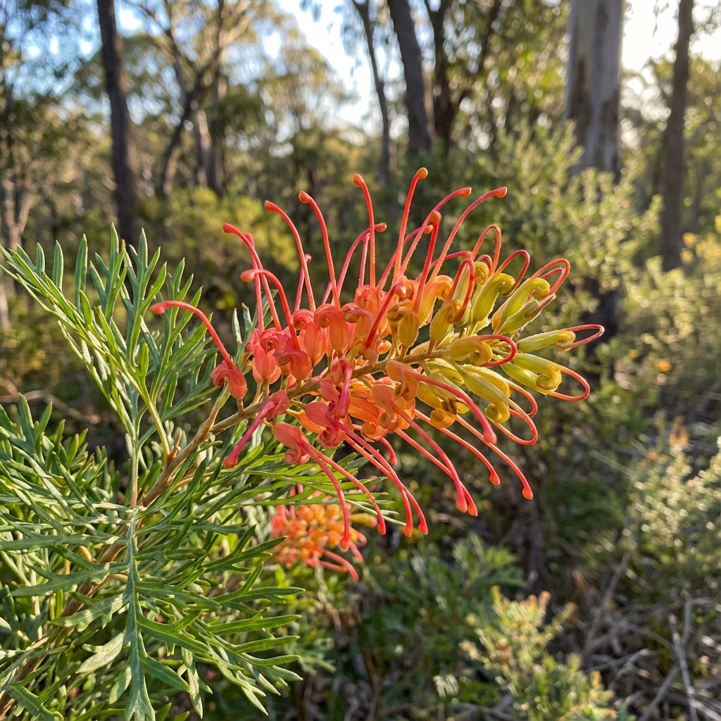 A close-up of the vivid Soopa Doopa Grevillea - Grevillea 'Soopa Doopa', showcasing its bright red-orange blooms in sunlit bushland—a stunning, bird-attracting addition to any garden.