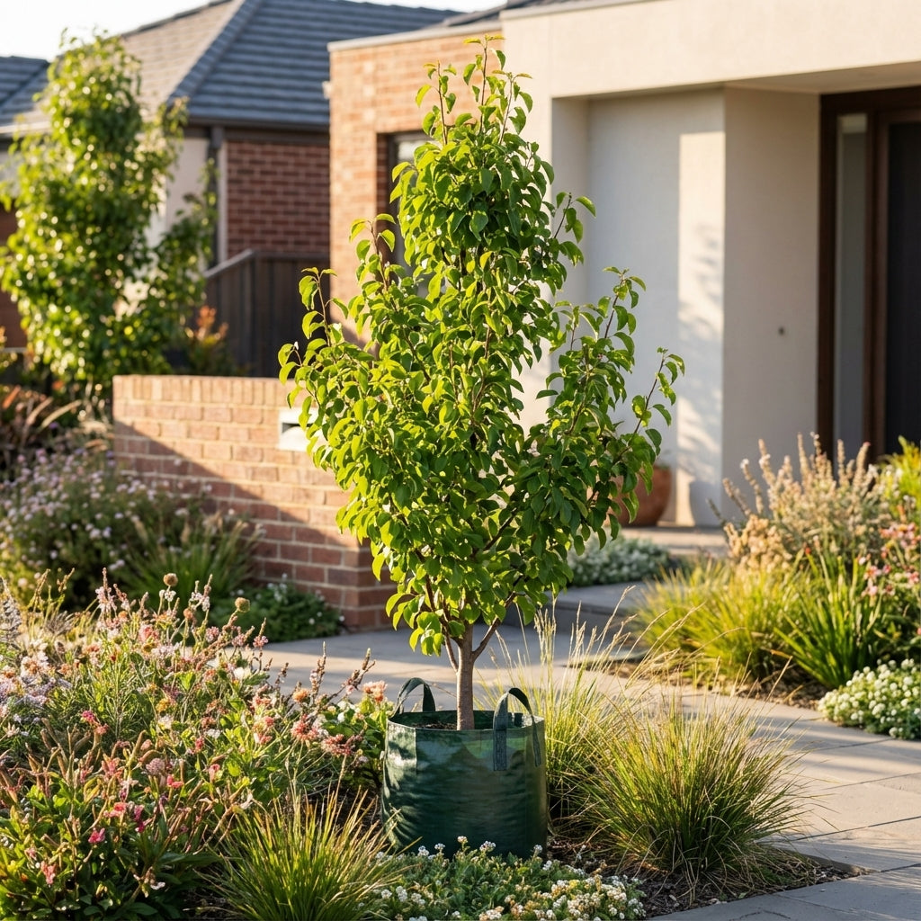 A young Southworth Dancer™ Birchleaf Pear (Pyrus betulaefolia ‘Southworth Dancer™’) in a green grow bag stands on a modern home's front garden path, surrounded by vibrant plants and flowers.