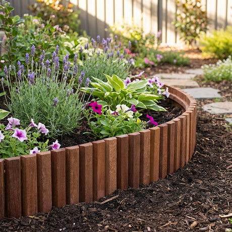 Create a vibrant garden scene with colorful flowers, stepping stones, and define it using Tuscan Path 1.2m x 8cm Roman Stone Edging as a decorative flower bed border in the sun.