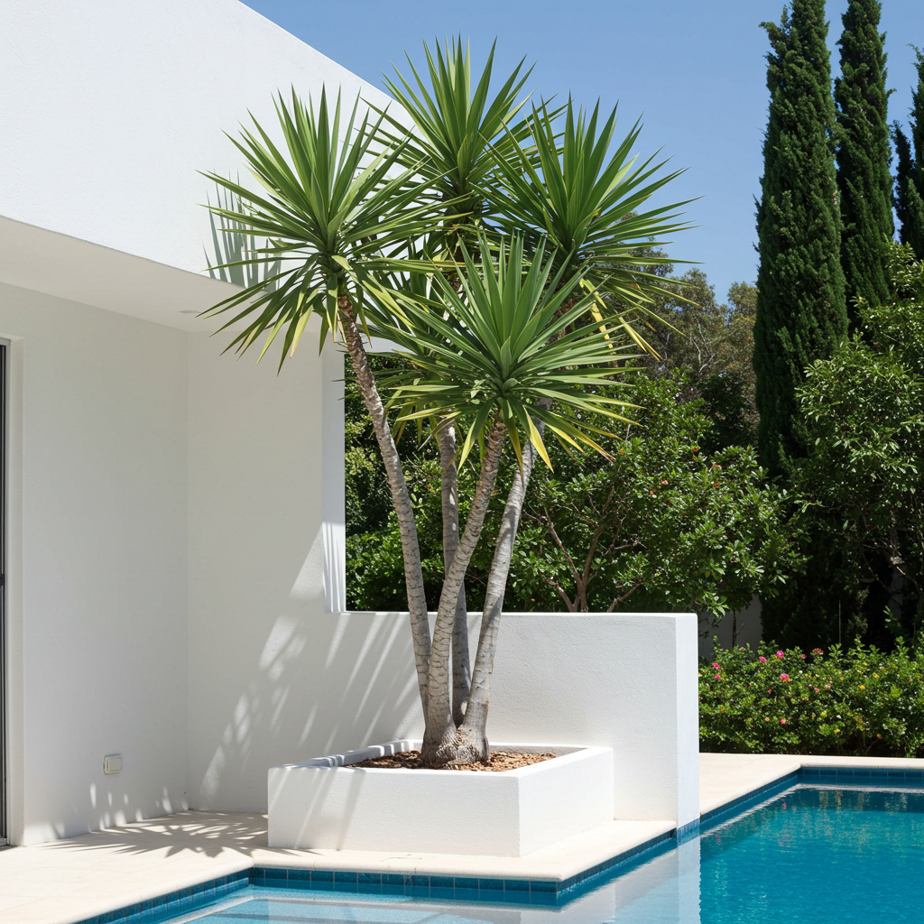 A Spineless Yucca (Yucca elephantipes) in a white planter stands beside a modern pool, its spiky leaves creating a striking contrast with the surrounding lush greenery.