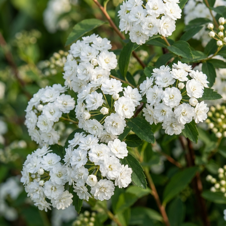 May Bush - Spiraea features clusters of small, white, double-petaled flowers blooming among green leaves—a classic spring flowering shrub.