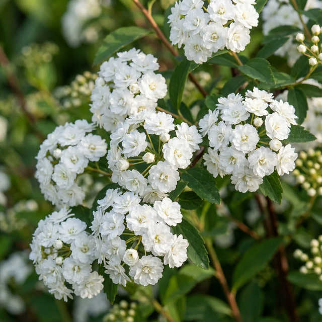 May Bush - Spiraea features clusters of small, white, double-petaled flowers blooming among green leaves—a classic spring flowering shrub.