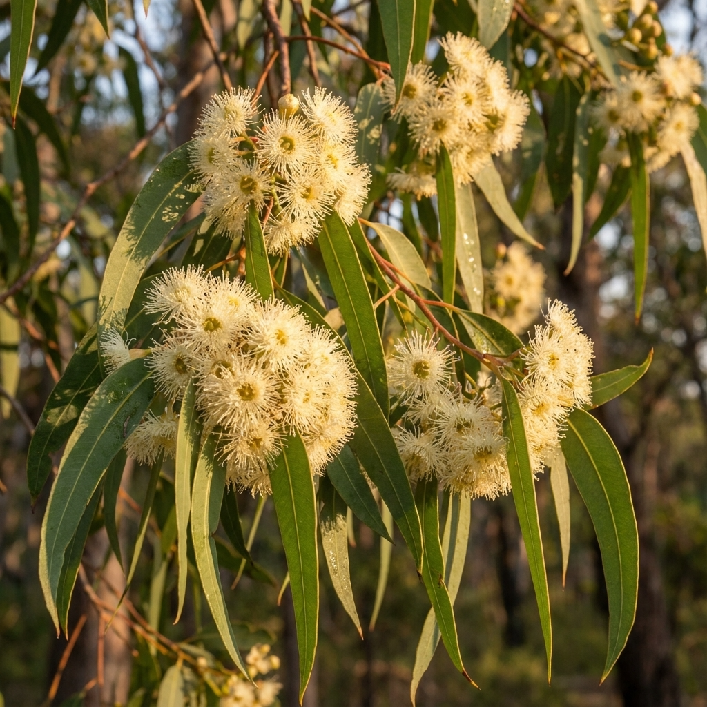 Creamy white, spiky flowers and long green leaves hang from the Spotted Gum (Corymbia maculata), a popular Australian native shade tree.
