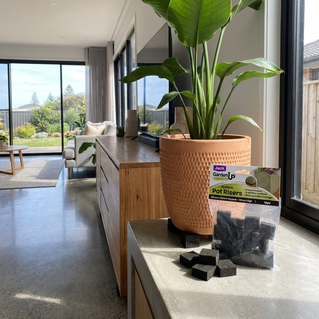 A potted plant sits on a counter beside a pack of 16 Square Rubber Pot Risers in a bright, modern living room with garden views—ideal for improving drainage and protecting surfaces.