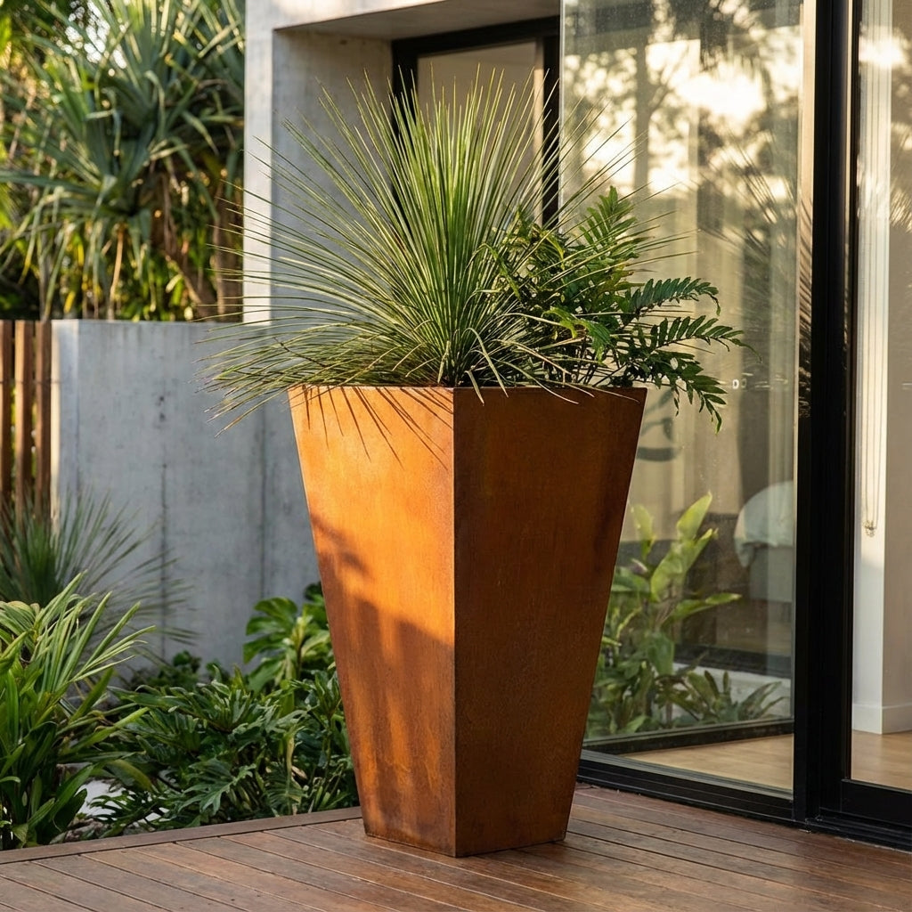 A Square Taper Planter in a rust finish, filled with a spiky green plant, sits on a wooden patio beside glass doors and lush greenery; available in various sizes.