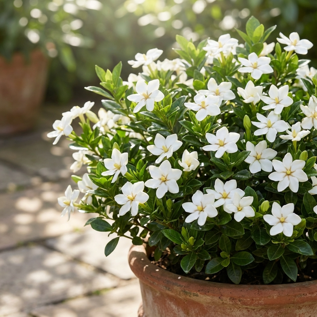The Star Gardenia (Gardenia grandiflora 'Star') features clusters of white blooms and glossy green leaves, making it a stunning potted plant that adds elegance to any sunlit patio.