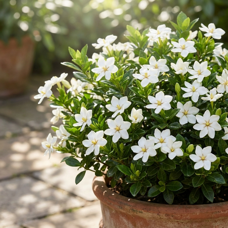 The Star Gardenia (Gardenia grandiflora 'Star') features clusters of white blooms and glossy green leaves, making it a stunning potted plant that adds elegance to any sunlit patio.