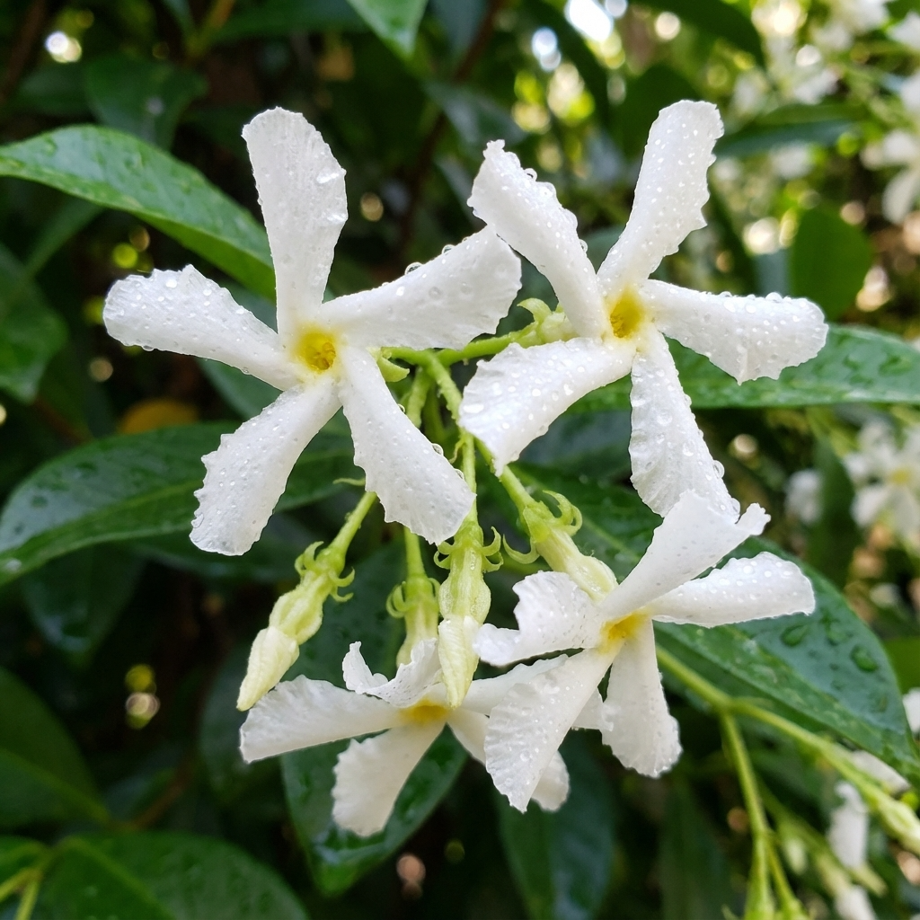 The Star Jasmine (Trachelospermum jasminoides) features fragrant white, star-shaped flowers with dew drops and lush green leaves, creating a beautiful display on this climbing vine in any garden.