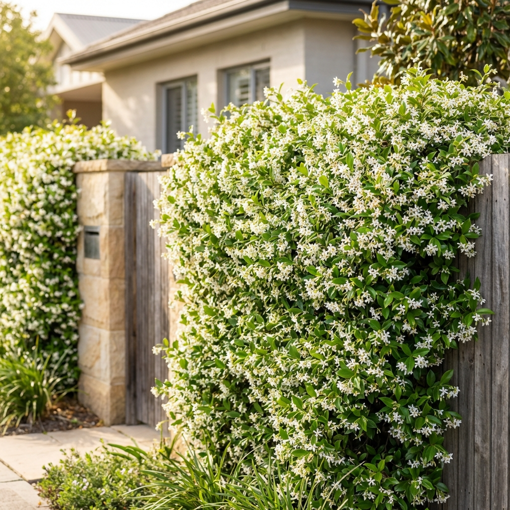 Star Jasmine (Trachelospermum jasminoides) features fragrant white flowers that climb fences, adding elegance and aroma beside modern homes and pathways.
