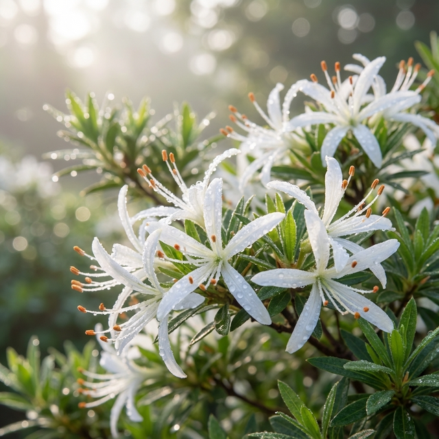 Starstyle White Azalea (Azalea indica 'Starstyle White') features white flowers with long petals and orange stamens, adorned with dewdrops. This evergreen is shade tolerant, making it a versatile choice for your garden.